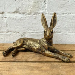 Resin Gold Lying Hare Sculpture 24cm