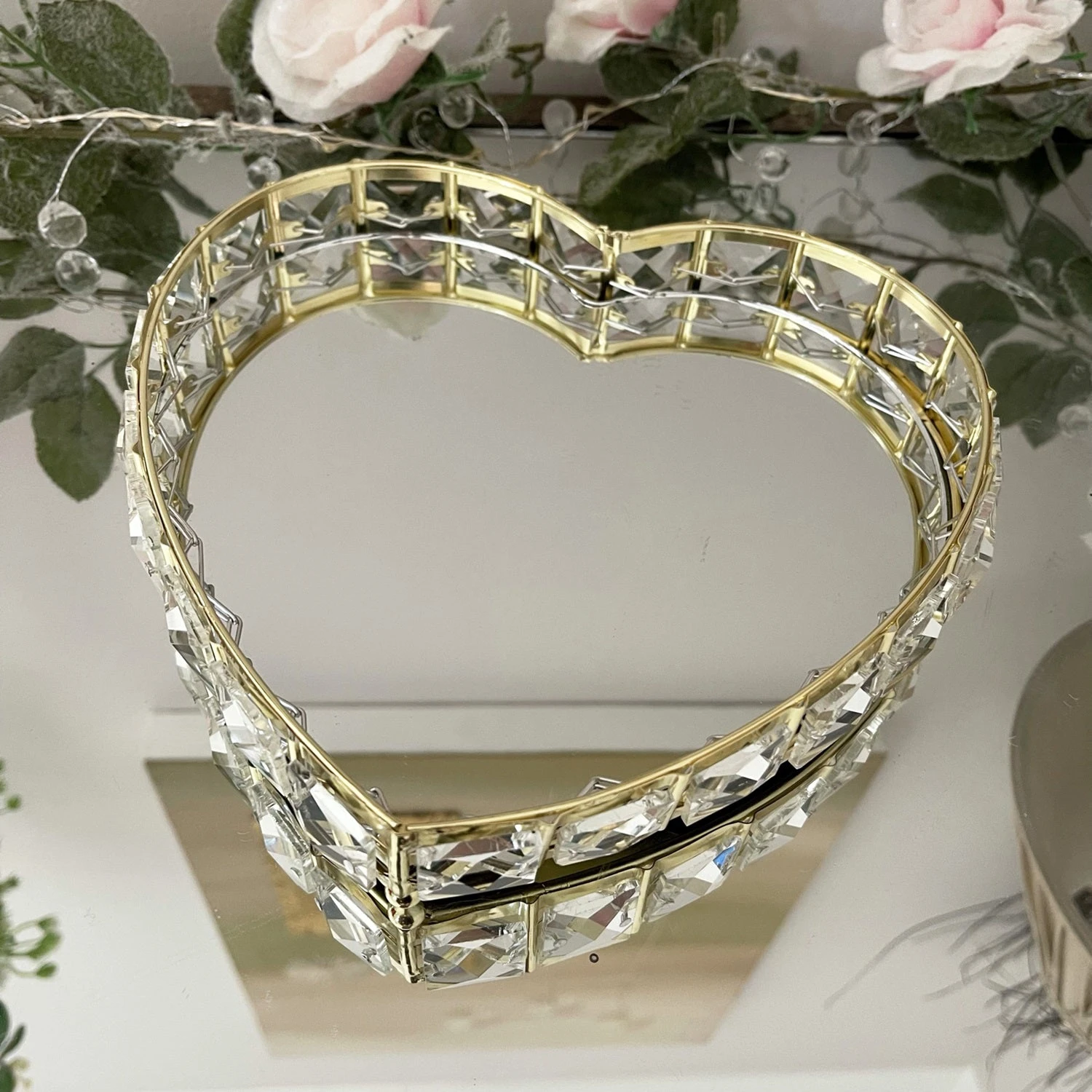 Gold Love Heart Glass Crystal Mirrored Candle Plate 21cm 2 Gold Love Heart Glass Crystal Mirrored Candle Plate 21cm - Image 2