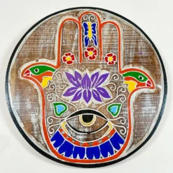 Hand Carved Round Hand Of Fatima Wood Wall Plaque 30cm