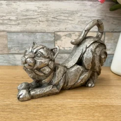 Silver Stretching Cat Sculpture