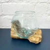 Teak Root Stand W/ Molten Glass Tea Light Bowl Large
