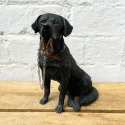 Black Resin Labrador Dog W/ Lead Ornament 18cm