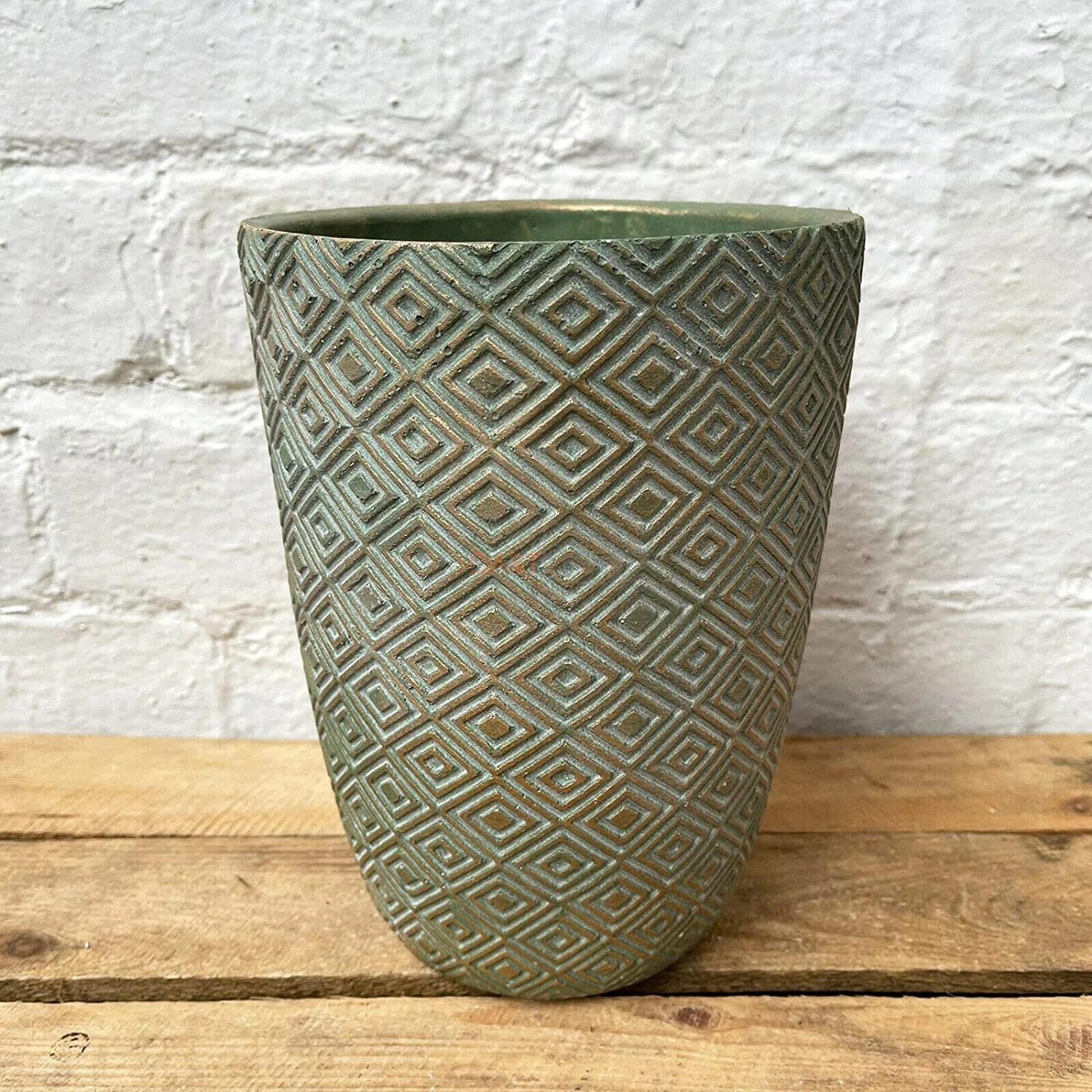Cement Tall Diamond Plant Pot 20cm - Green & Gold 1 Cement Tall Diamond Plant Pot 20cm - Green & Gold