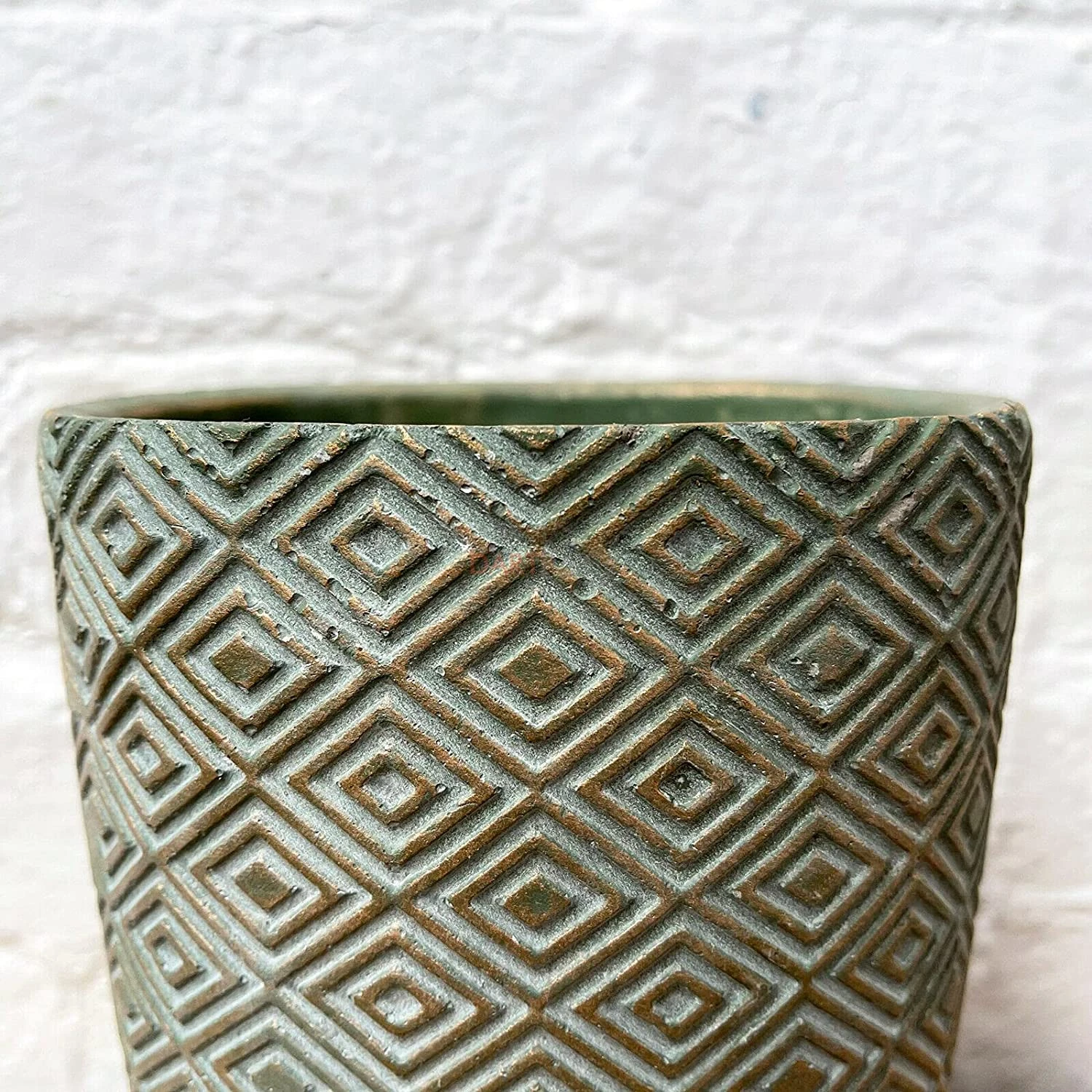 Cement Tall Diamond Plant Pot 20cm - Green & Gold 2 Cement Tall Diamond Plant Pot 20cm - Green & Gold - Image 2
