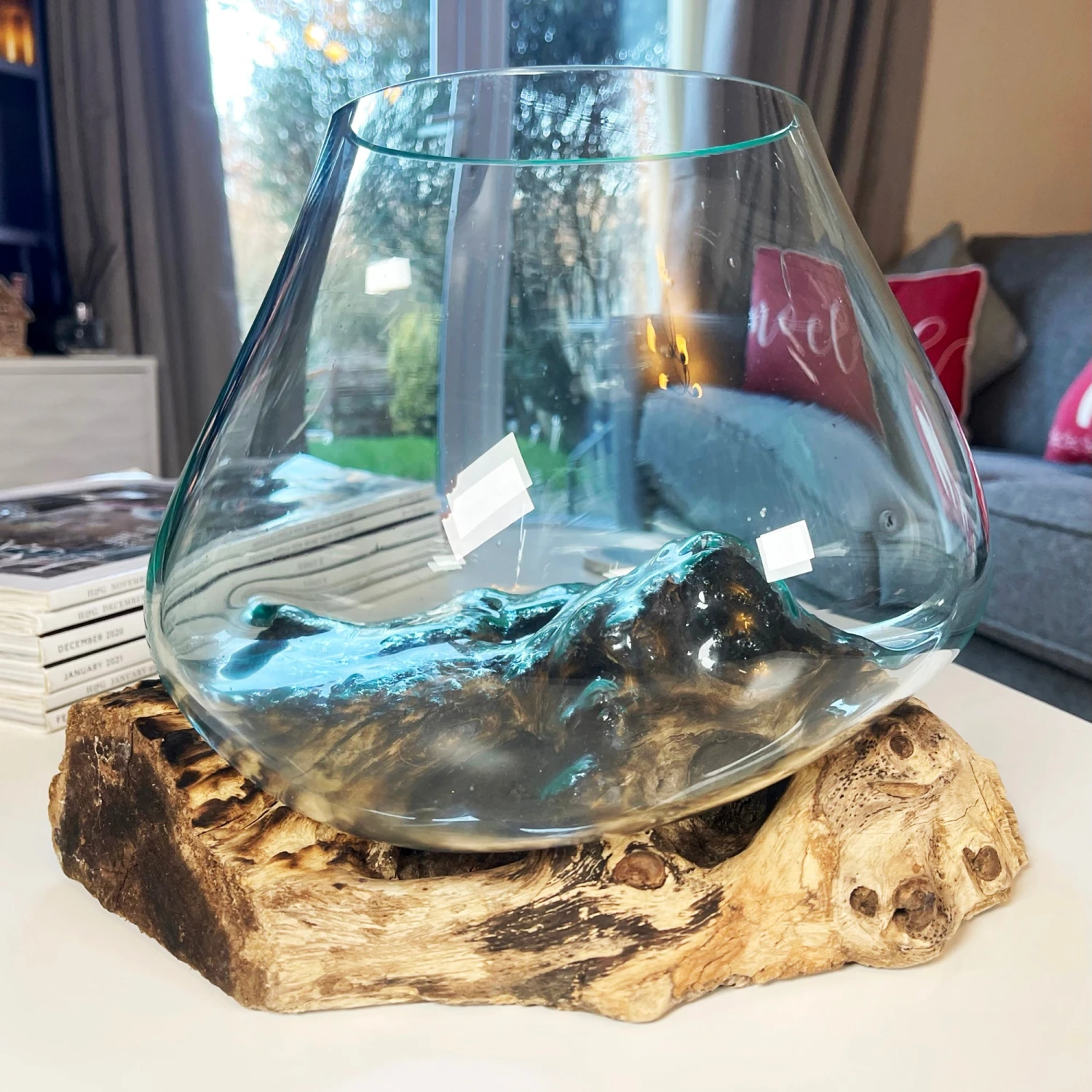 Large Molten Glass Bowl On Teak Root Stand 1 Large Molten Glass Bowl On Teak Root Stand