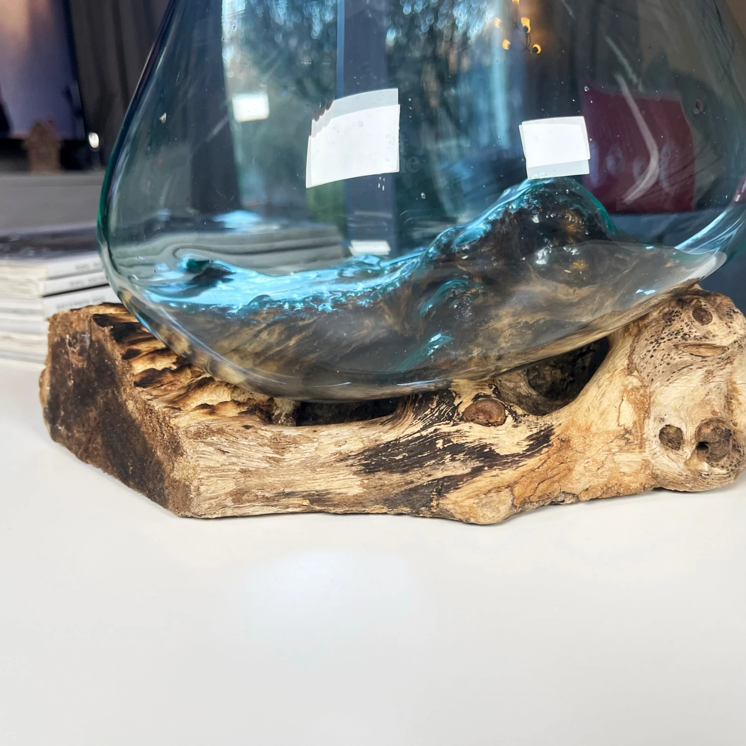 Large Molten Glass Bowl On Teak Root Stand 4 Large Molten Glass Bowl On Teak Root Stand - Image 4