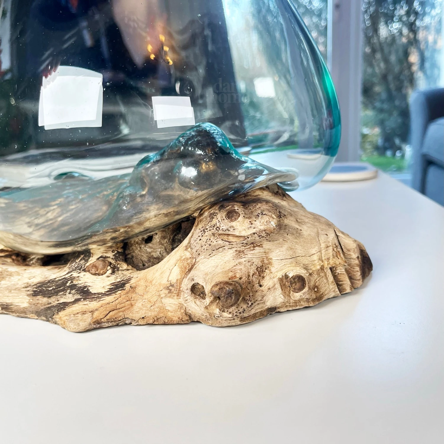 Large Molten Glass Bowl On Teak Root Stand 5 Large Molten Glass Bowl On Teak Root Stand - Image 5