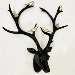 Black Stags Head With Gold Bird Decoration