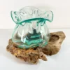 Molten Crinkle Glass Bowl On Teak Root Wood Stand