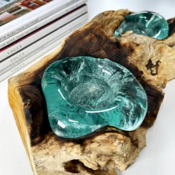 Molten Glass Double Candle Holder On Teak Root Stand -Home Decoration IMG E1424