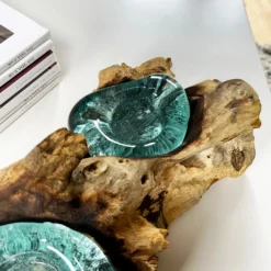 Molten Glass Double Candle Holder On Teak Root Stand -Home Decoration IMG E1425