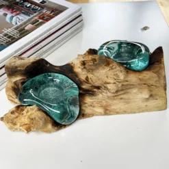 Molten Glass Double Candle Holder On Teak Root Stand -Home Decoration IMG E1426