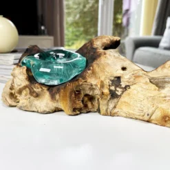 Molten Glass Double Candle Holder On Teak Root Stand -Home Decoration IMG E1429