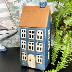 Ceramic Blue Tall House Tea Light Candle Holder