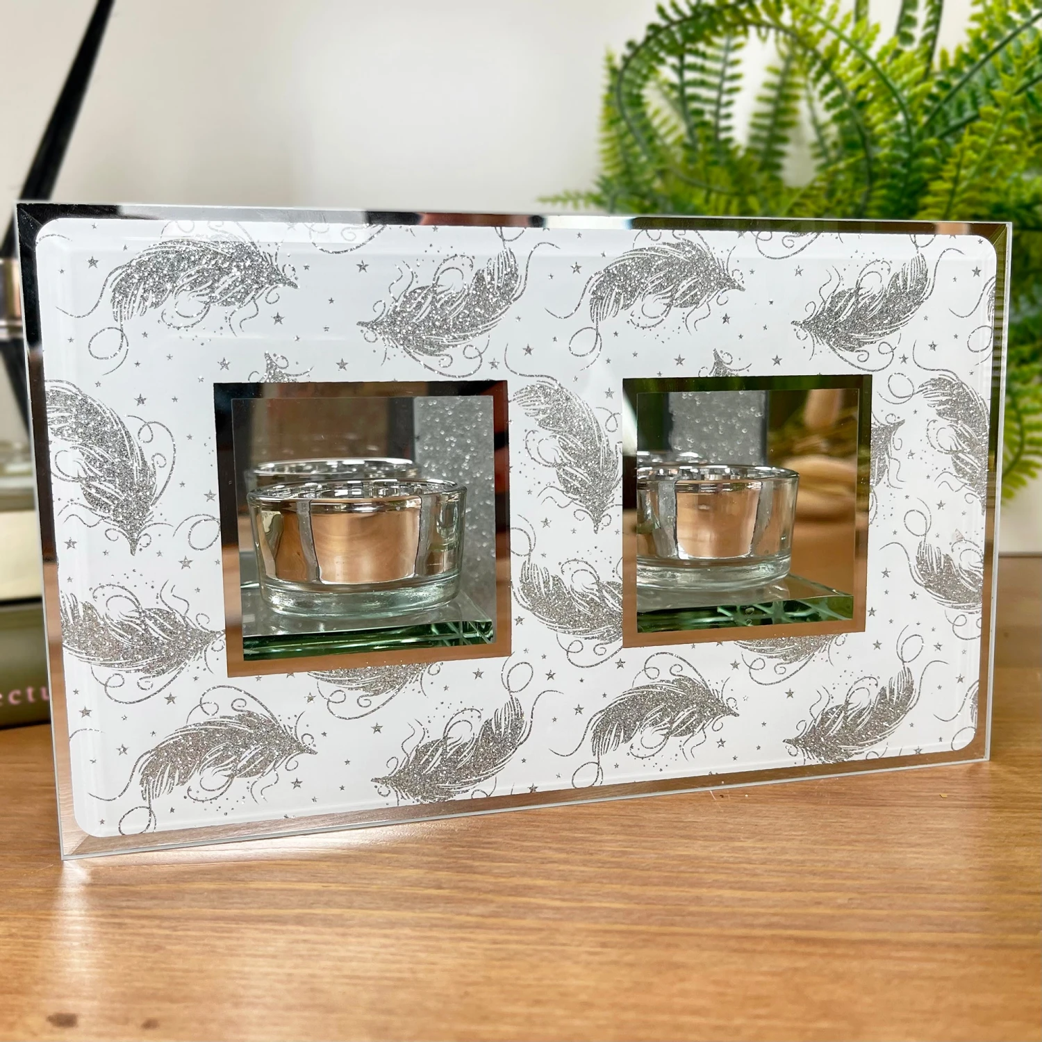 Glass Glitter Feather Double Tealight Holder 1 Glass Glitter Feather Double Tealight Holder