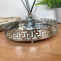 Greek Key Silver Round Mirrored Tray 21x21cm -Home Decoration IMG E3050