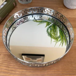 Greek Key Silver Round Mirrored Tray 21x21cm -Home Decoration IMG E3051