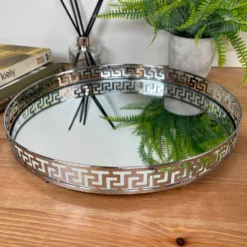 Greek Key Silver Round Mirrored Tray 31x31cm