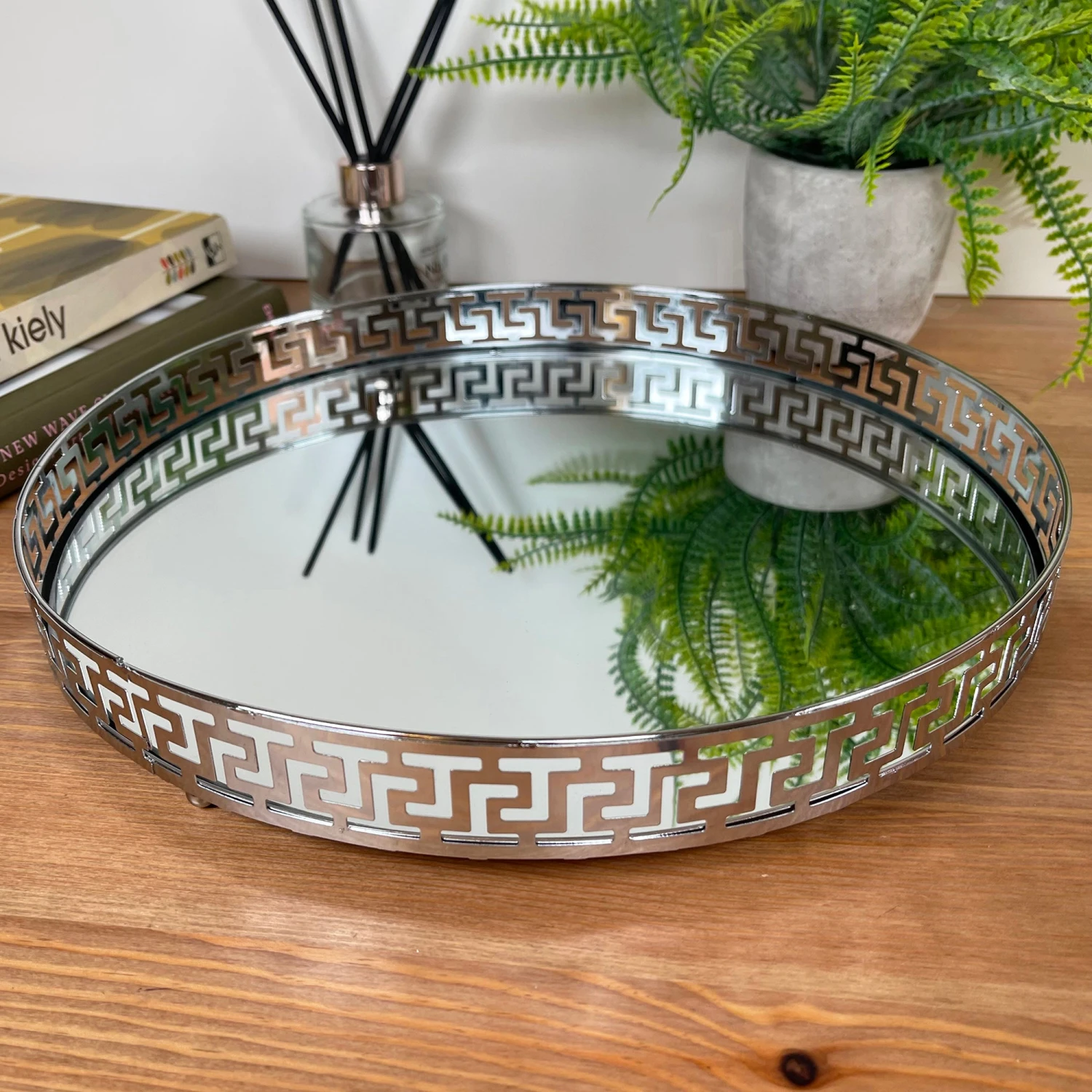 Greek Key Silver Round Mirrored Tray 31x31cm 1 Greek Key Silver Round Mirrored Tray 31x31cm