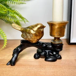 Gold Robin On Black Branch Candlestick Holder