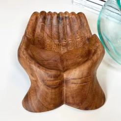 Molten Glass Bowl With Hand Of Hope Teak Wood Stand -Home Decoration IMG E4696