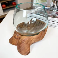 Molten Glass Bowl With Hand Of Hope Teak Wood Stand -Home Decoration IMG E4703