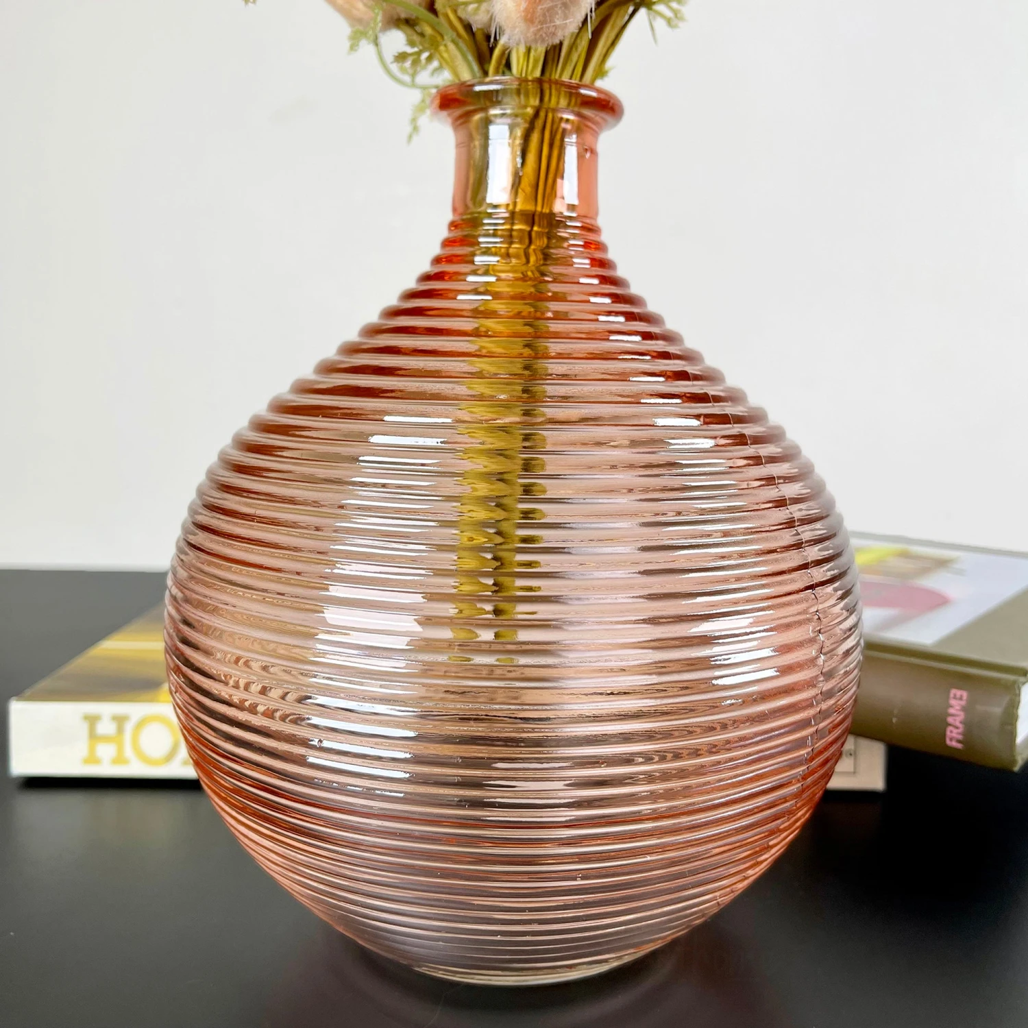 Pink Ribbed Glass Bottle Vase 2 Pink Ribbed Glass Bottle Vase - Image 2