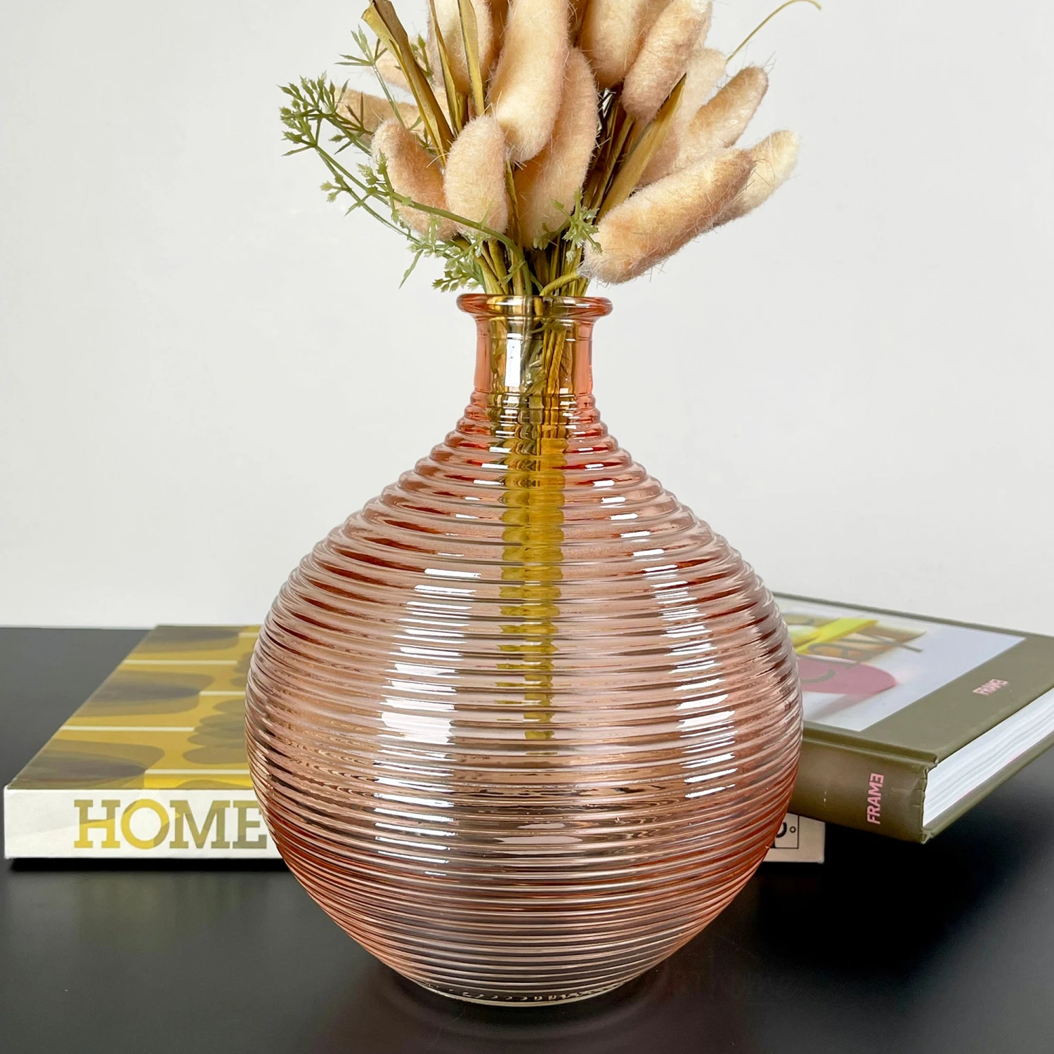 Pink Ribbed Glass Bottle Vase 1 Pink Ribbed Glass Bottle Vase