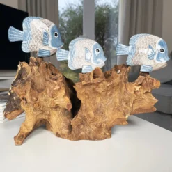 Blue Fish On Teak Root Coral Reef Sculpture -Home Decoration IMG E5889