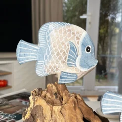 Blue Fish On Teak Root Coral Reef Sculpture -Home Decoration IMG E5897