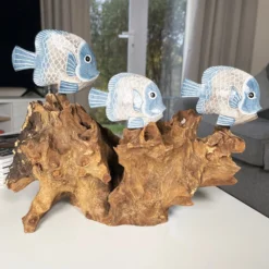 Blue Fish On Teak Root Coral Reef Sculpture -Home Decoration IMG E5900