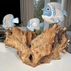 Blue Fish On Teak Root Coral Reef Sculpture -Home Decoration IMG E5904