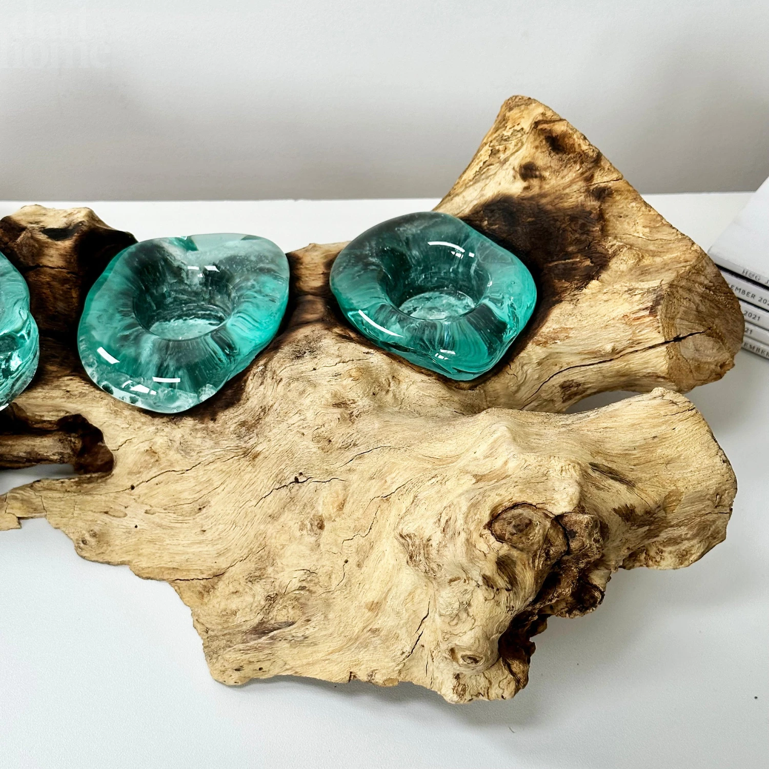 Molten Glass 4 Candle Holder On Teak Root Stand 2 Molten Glass 4 Candle Holder On Teak Root Stand - Image 2