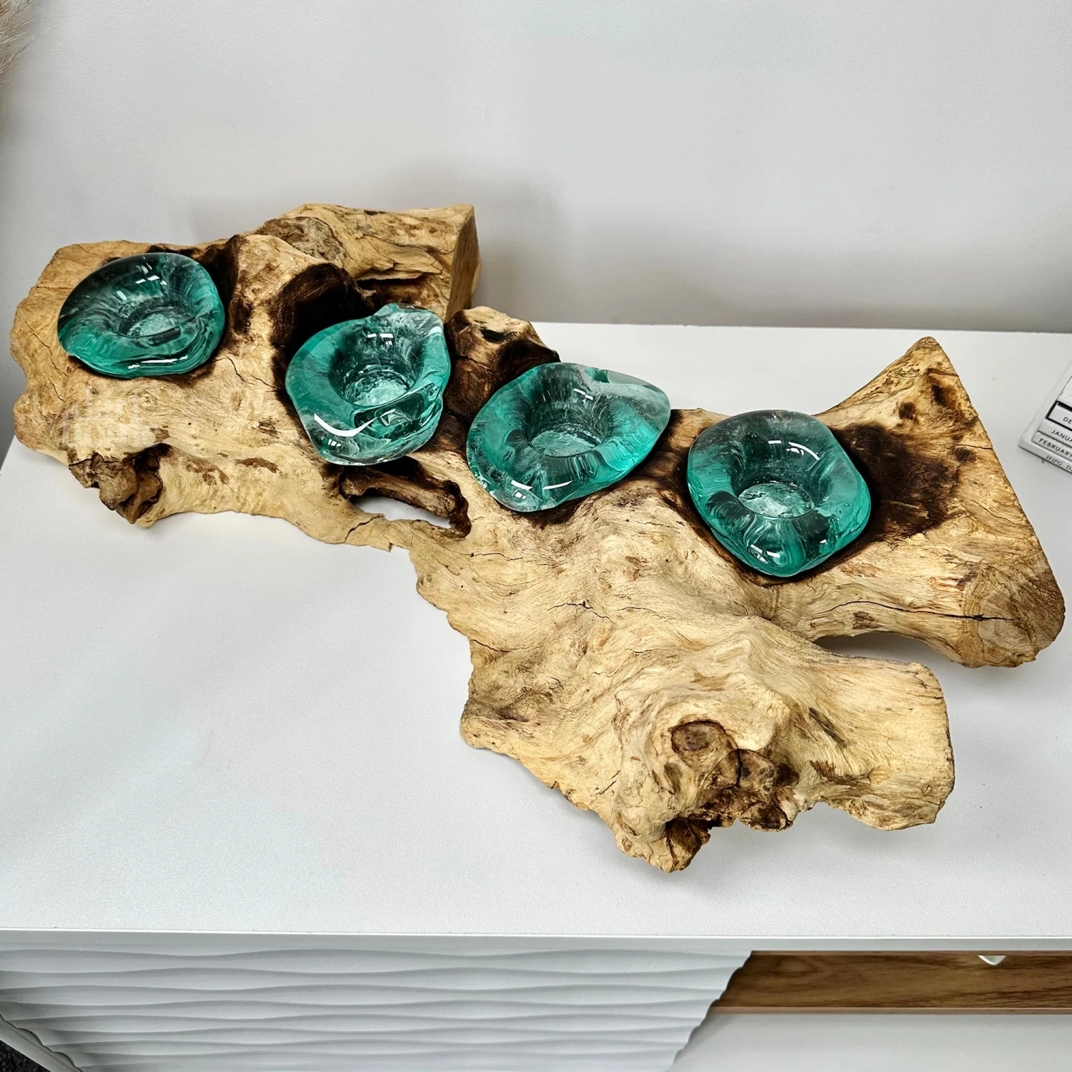 Molten Glass 4 Candle Holder On Teak Root Stand 1 Molten Glass 4 Candle Holder On Teak Root Stand