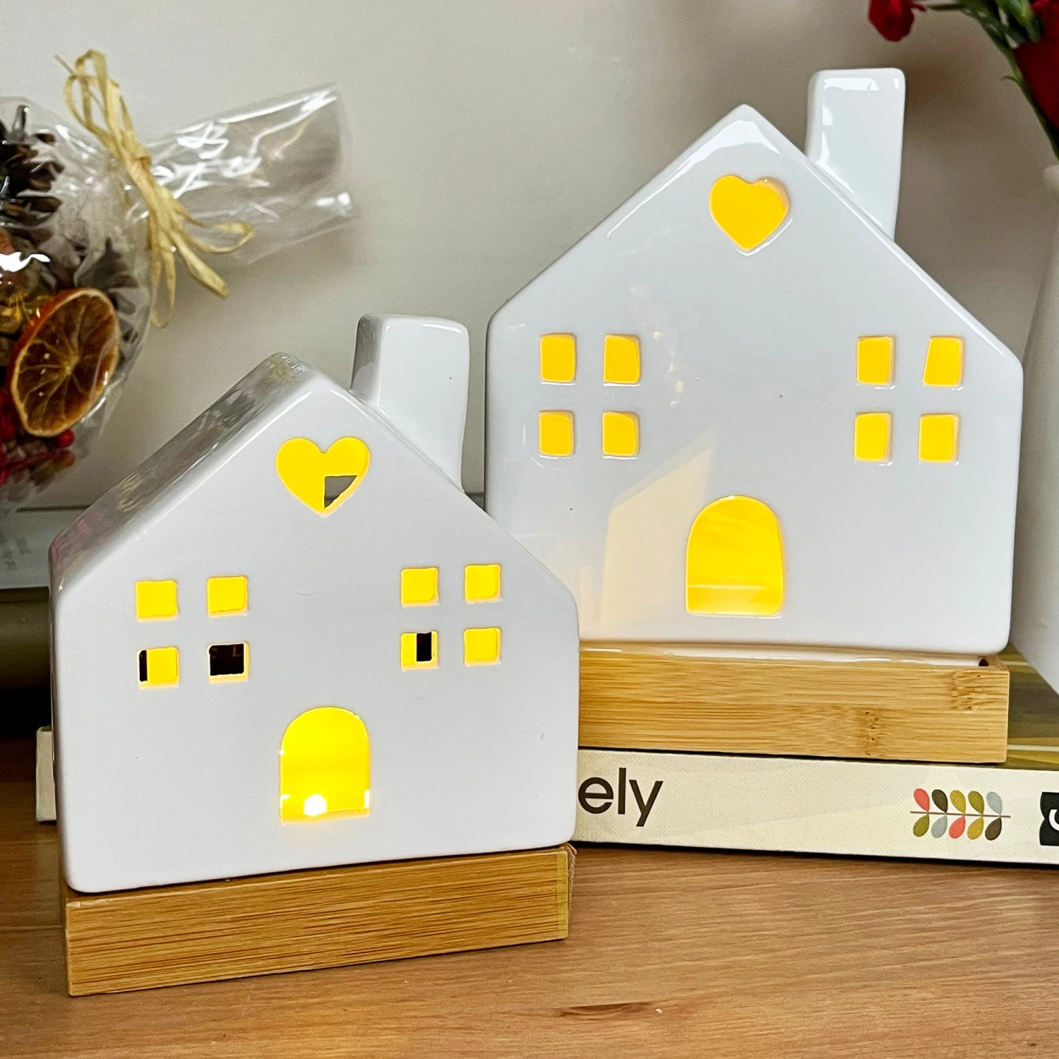 Light Up Ceramic House Ornaments With Wood Base 1 Light Up Ceramic House Ornaments With Wood Base