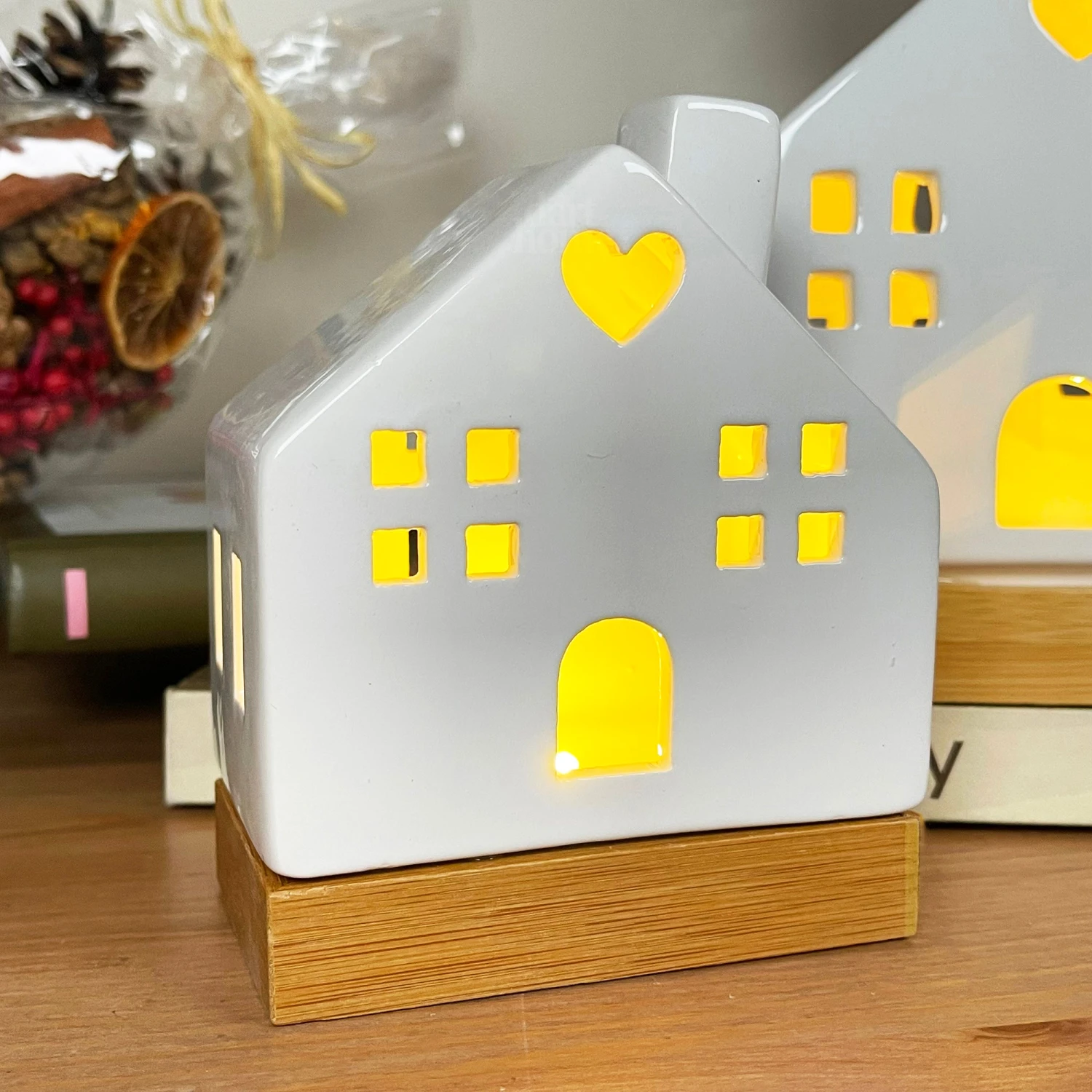 Light Up Ceramic House Ornaments With Wood Base 2 Light Up Ceramic House Ornaments With Wood Base - Image 2