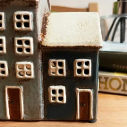 Ceramic Navy Blue 3 Houses Tea Light Holder -Home Decoration IMG E6723