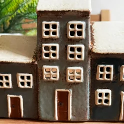 Ceramic Navy Blue 3 Houses Tea Light Holder -Home Decoration IMG E6725