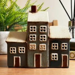 Ceramic Navy Blue 3 Houses Tea Light Holder -Home Decoration IMG E6728