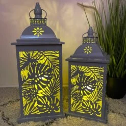 LED Grey Leaf Hurricane Lanterns