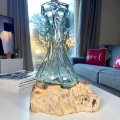 35cm Crinkle Molten Glass Vase On Driftwood Stand -Home Decoration IMG E7377