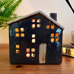 Blue Ceramic Town House Candle Holder