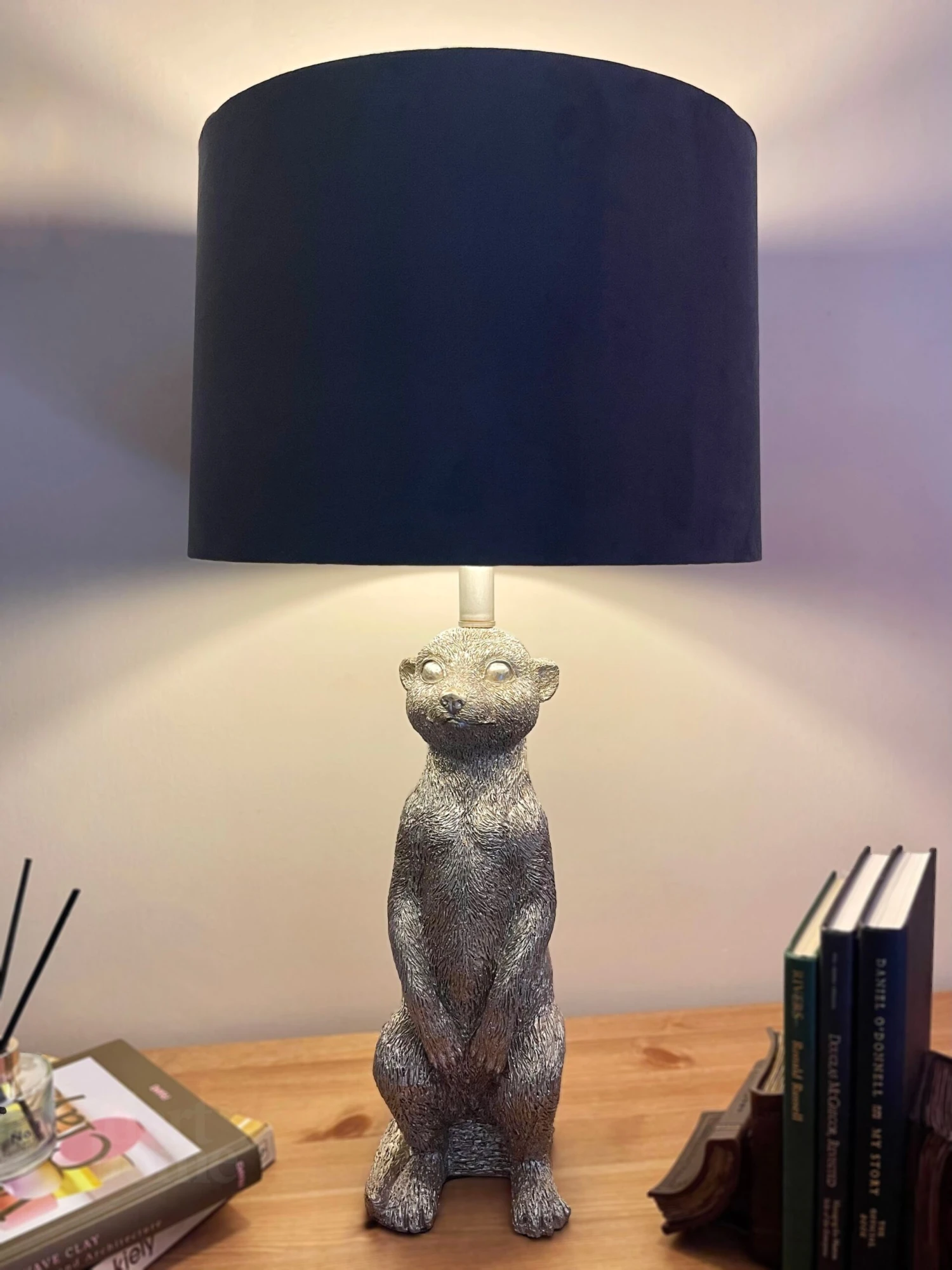 Silver Meerkat Table Lamp With Blue Velvet Drum Shade 1 Silver Meerkat Table Lamp With Blue Velvet Drum Shade