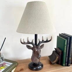 Stags Head Table Lamp With White Linen Shade -Home Decoration IMG E8815 editedBH