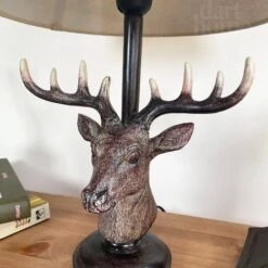 Stags Head Table Lamp With White Linen Shade -Home Decoration IMG E8817 editedBJ