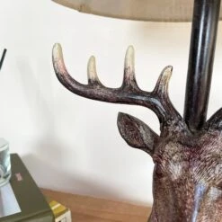 Stags Head Table Lamp With White Linen Shade -Home Decoration IMG E8818 editedBK