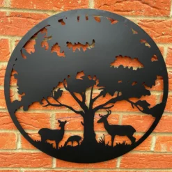 Black Metal Round Tree Deer Silhouette Wall Art