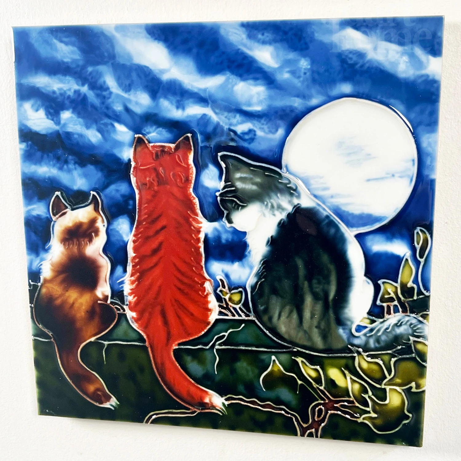 Ceramic Tile Wall Art - Whispering Cats At Night 1 Ceramic Tile Wall Art - Whispering Cats At Night